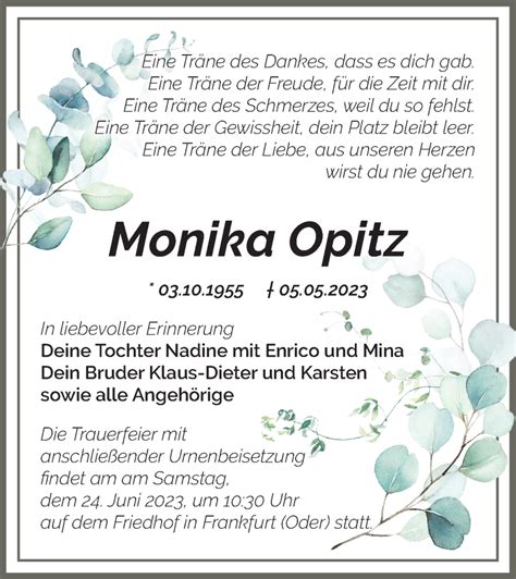 Traueranzeigen von Monika Opitz Märkische Onlinezeitung Trauerportal