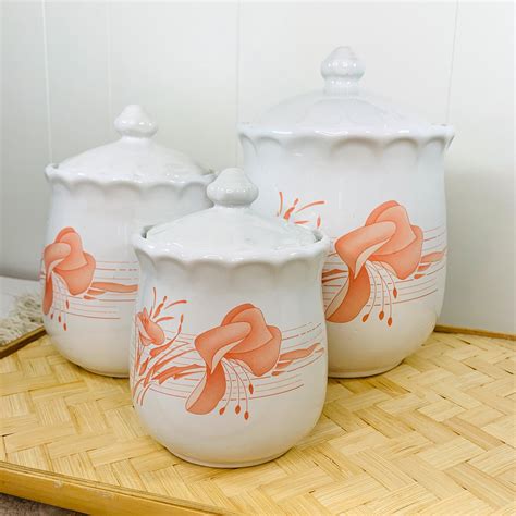 Peach Pink Pastel Stripes Floral Ceramic Canister Set Kitchen Etsy