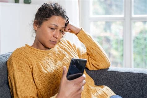 Sad Black Woman Reading Bad News On Smart Phone Stock Image Image Of