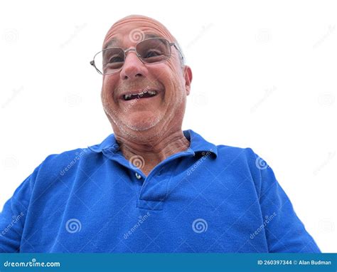 Very Happy Old Bald Man Wearing A Blue Shirt Stock Photo Image Of