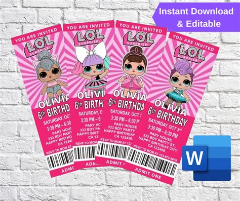 Lol Girls Birthday Invitation Vip Ticket