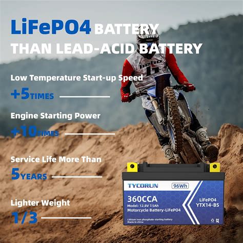 12 Volt Lithium Ion Motorcycle Battery 7 5ah 360 Cca Lifepo4 Tycorun Batteries