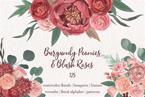 Watercolor Burgundy Peonies And Blush Roses Clipart On Behance