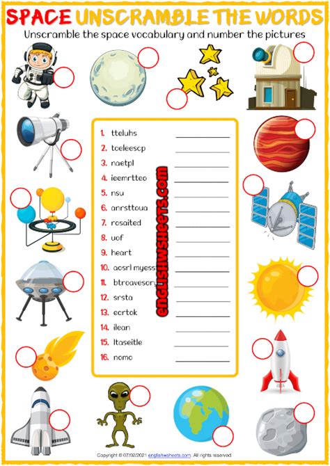 Space Vocabulary ESL Printable Unscramble the Words Worksheet | Space vocabulary, Vocab, Middle ...