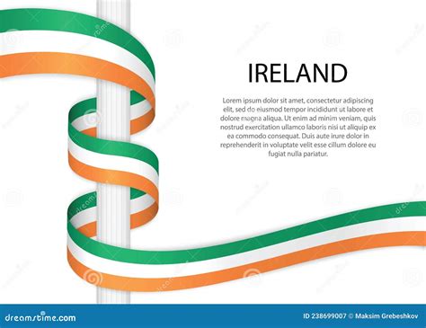 Waving Ribbon On Pole With Flag Of Ireland Template For Indepen Stock