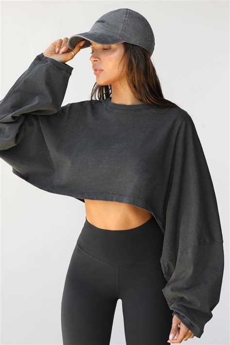 Slouchy Crop Long Sleeve Washed Black Cotton Joah Brown Cut Off