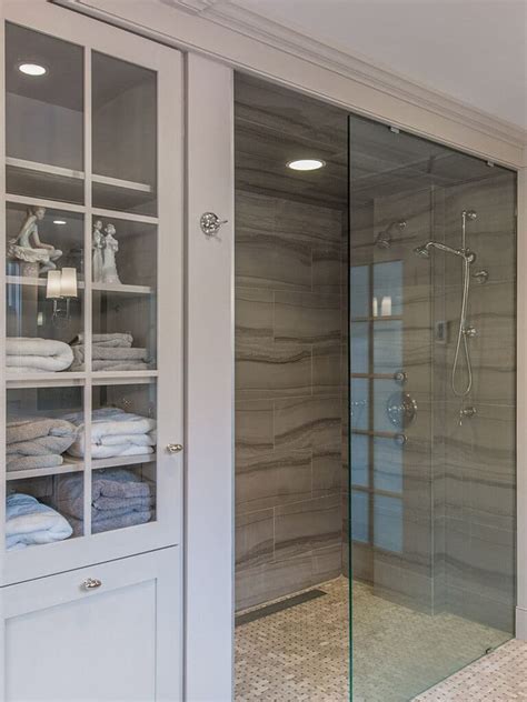 Elegant Bathroom With Dual Vanities Walk In Shower Panel Effects