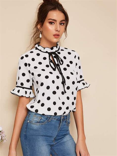 Polka Dot Tie Neck Blouse Sleeves Women Women Tie Neck Blouse