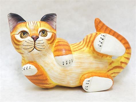 Wooden Cat Playful Hand Carvedandpainted Wood Home Decor Sculpture Statue