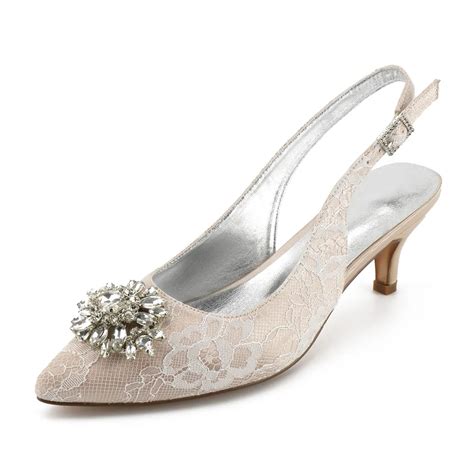 Creativesugar Pointed Toe Sling Slingback Lace Evening Dress Shoes Crystal Brooch Bridal Wedding