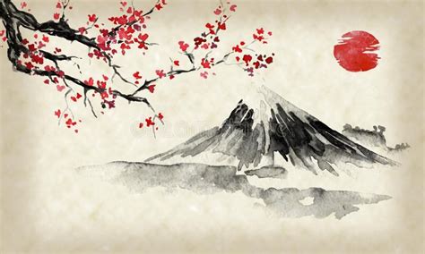 Peinture Traditionnelle De Sumi E Du Japon Montagne De Fuji Sakura