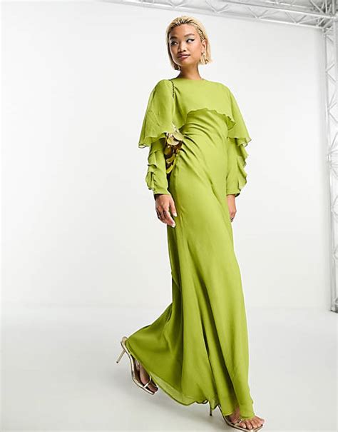 Asos Design Long Sleeve Ruffle Bias Maxi Dress With Cape Detail In