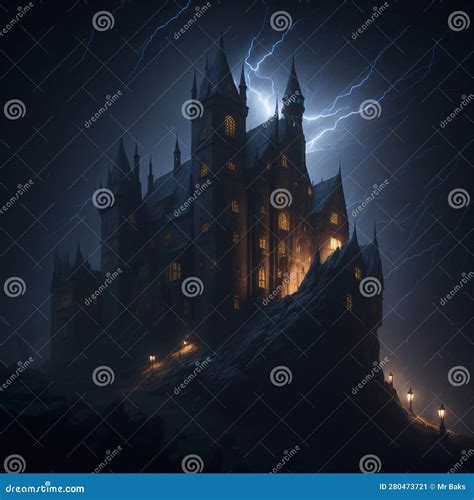 Gothic Castle at Night with Lightning. Stock Illustration ...