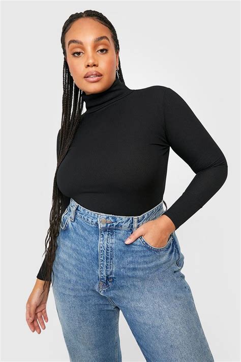 Black Plus Rib Roll Neck Bodysuit Boohoo Uk