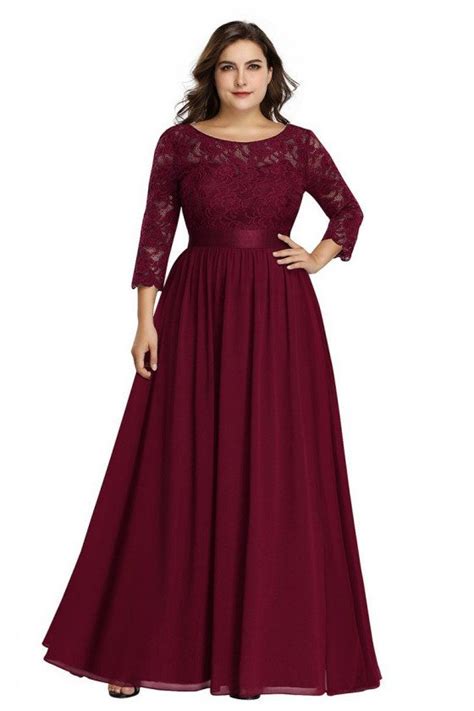 Burgundy Plus Size Long Bridesmaid Dress With Lace Sleeves 68 48