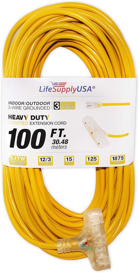 Buy 100 Ft Power Extension Cord Outdoor And Indoor Heavy Duty 12 Gauge3 Prong Sjtw Yellow