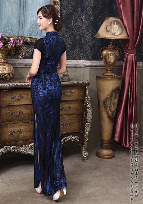 Gorgeous Modern Lace Long Cheongsam Dress Blue Qipao Cheongsam