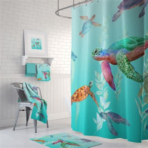 Colorful Watercolor Sea Turtles Shower Curtain Aqua Ocean Etsy