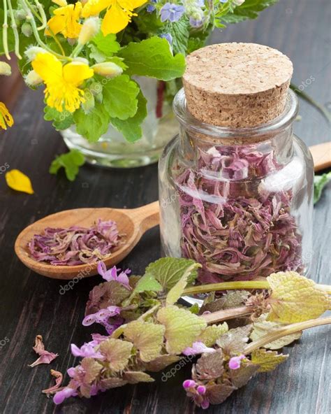 Botella De Vidrio Con Hierbas Curativas Flores Sanas Y Spo De Madera