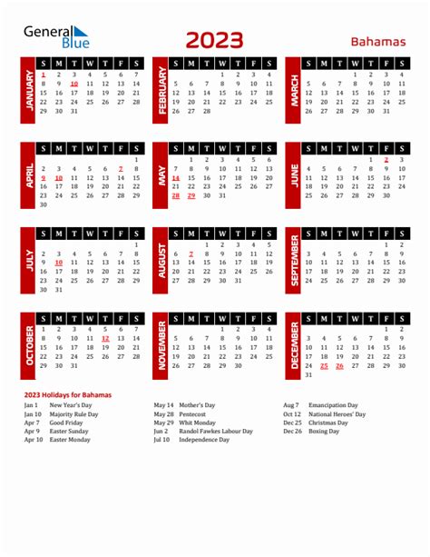 2023 Bahamas Calendar With Holidays