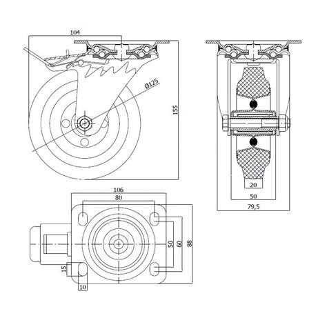 Koło fi 125 mm metalowo gumowe skrętne z hamulcem 25MH