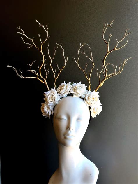 Gold Antler Headpiece White Rose Headpiece Deer Antler Headband