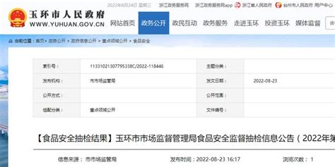 浙江省玉环市市场监督管理局食品安全监督抽检信息公告（2022年第4期）手机新浪网