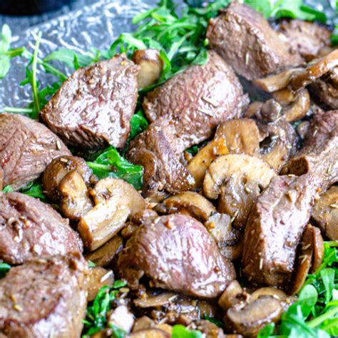 Amazing Beef Tenderloin Steak Tips Zip Sauce Mushrooms And Arugula