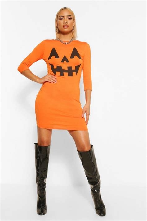 Hayley Pumpkin Print Halloween Bodycon Dress Boohoo