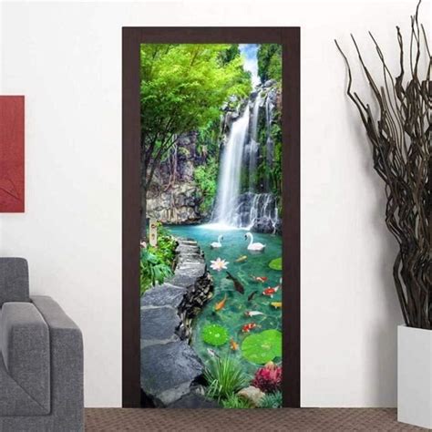 Sticker Porte Effet Paysage De Cascade Chinois 95X215Cm 3D Sticker