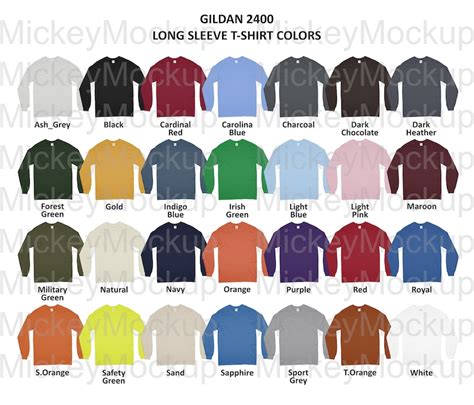 Color Chart Gildan 2400 Long Sleeve T Shirt Color Chart  Etsy