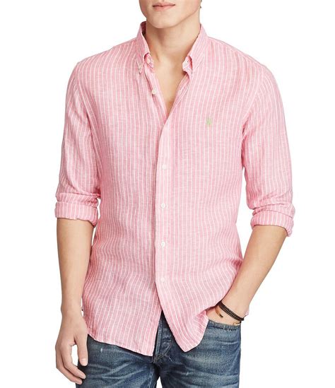 Polo Ralph Lauren Striped Long Sleeve Linen Shirt In Pink For Men