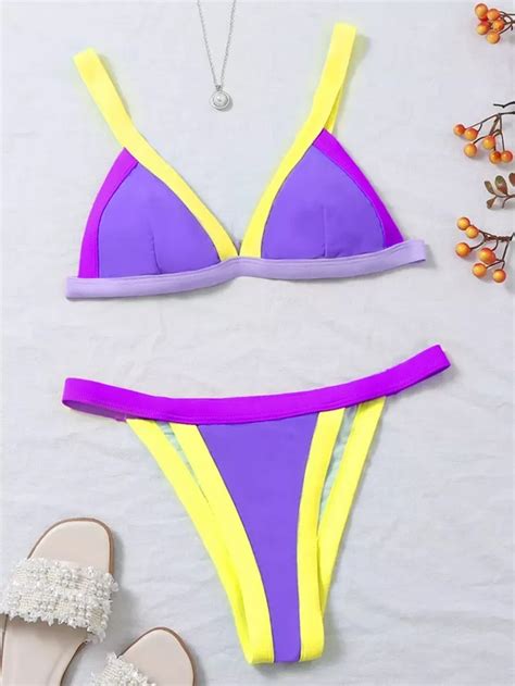 Color Block Triangle Thong Bikini Swimsuit Shein Usa Beachwear For