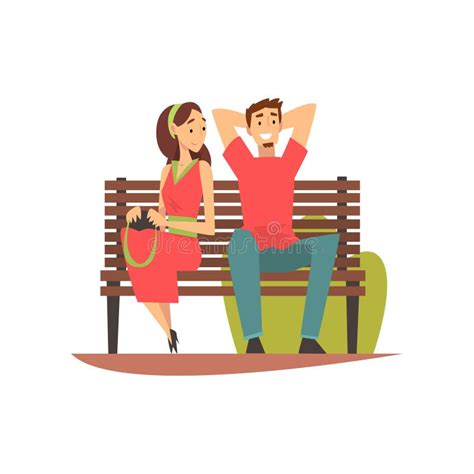 Smiling Young Man And Woman Sitting On Bench In Park Romantic Couple