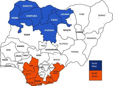 Map of nigeria showing the 36 states and north-Western and south-south... | Download Scientific ...