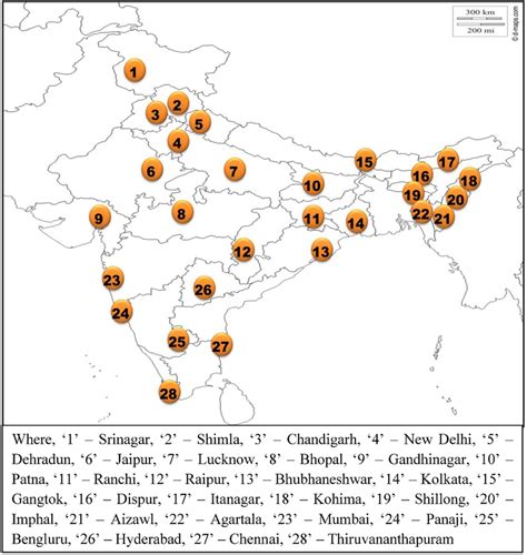 Representation of all capitals of India on a map | Download Scientific ...