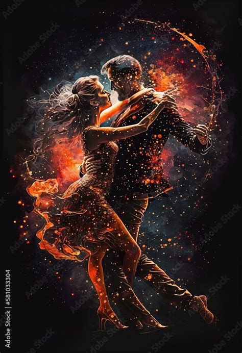 Illustration Of Latin Couple Dancing Tango Dance In Space Surrounded By Colorful Flame Sparks