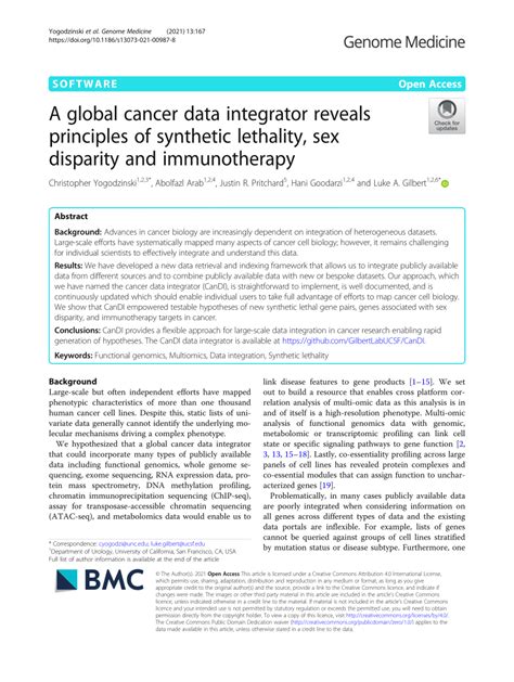 Pdf A Global Cancer Data Integrator Reveals Principles Of Synthetic