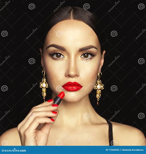 Beautiful Young Lady Apply Red Lipstick Stock Image Image Of Model