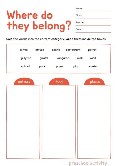 Sorting Words Into Categories Worksheets