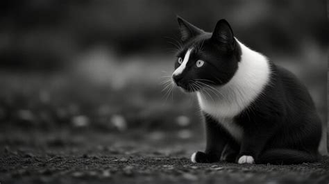 Um gato preto e branco sentado no chão uma mancha branca no peito