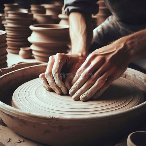 Male Artisan Hands Shaping Clay On A Potter S Wheel Surrounded By