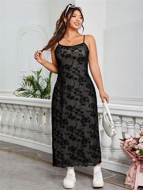 Shein Ezwear Plus Size Velvet Lace Mesh Spaghetti Strap Maxi Dress For