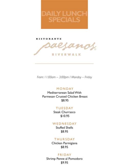 Paesanos Italian Restaurant Menu On The Riverwalk In Downtown San Antonio