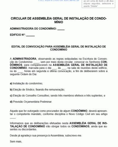 Modelo de Circular de Assembleia Geral de Instalação de Condomínio