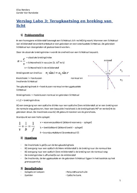 Verslag Labo 3 Terugkaatsing En Breking Van Licht Sander Van