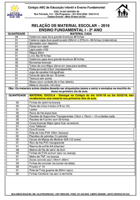 RELAÇÃO DE MATERIAL ESCOLAR 2019 Colégio ABC