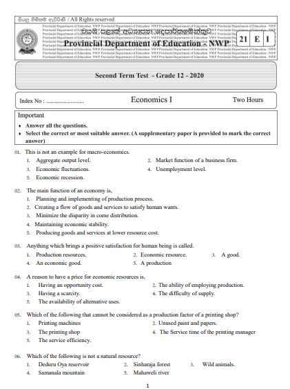 Grade 12 Economics 2nd Term Test Paper 2020 North Western Province