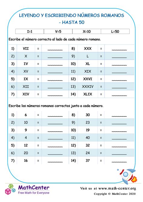 Quinto Grado Hojas de trabajo Números Romanos Math Center