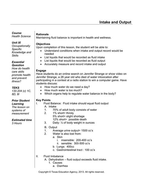 Intake And Output Worksheet